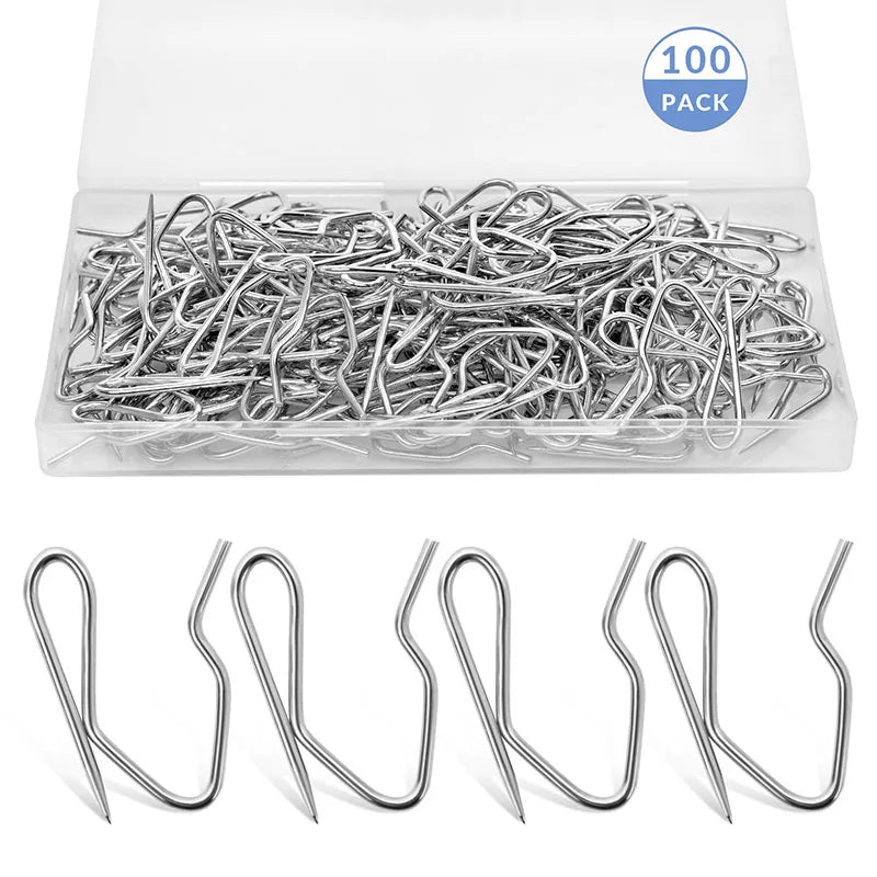 Crochets pour rideaux en métal inoxydable de haute qualité, livrés en lot de 100 dans une boîte de rangement pratique.