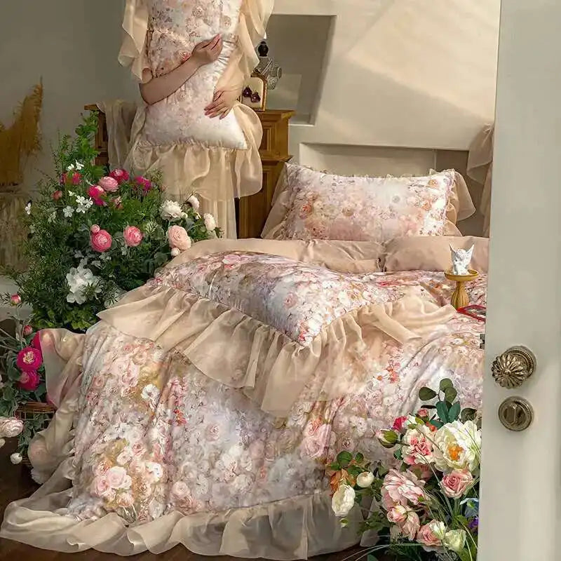 Housse de couette une place florale beige