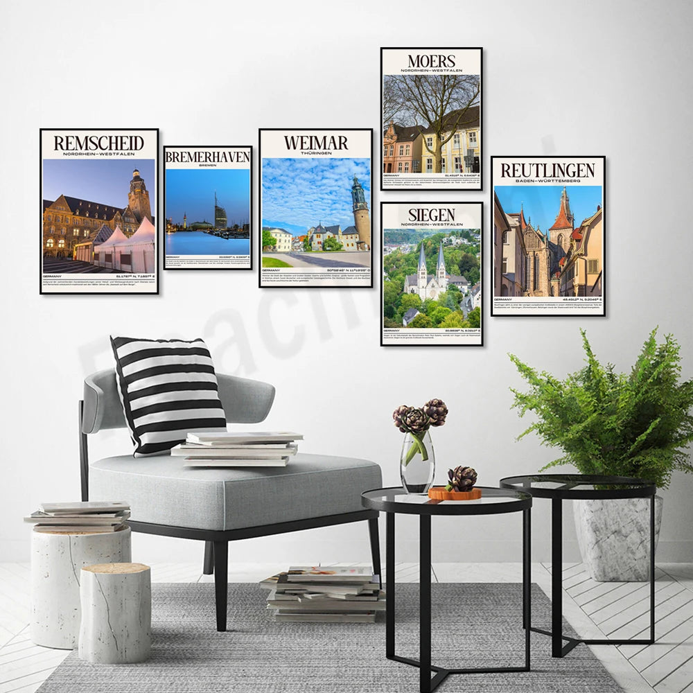 Affiche murale mettant en valeur diverses villes d'Allemagne avec leurs principaux points d'intérêt, créant un décor élégant et inspirant pour un intérieur moderne.