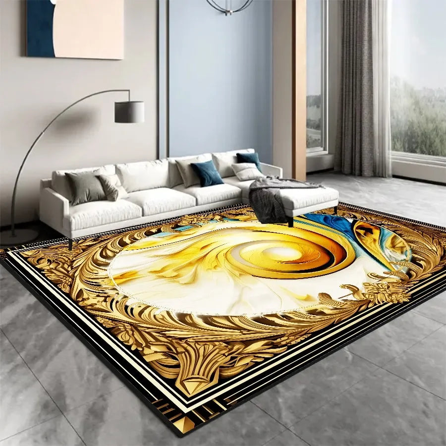 Un élégant tapis doré et ouvragé, orné de motifs ornementaux exquis, créant une atmosphère de luxe et de raffinement dans cette pièce moderne et épurée.