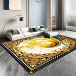 Un élégant tapis doré et ouvragé, orné de motifs ornementaux exquis, créant une atmosphère de luxe et de raffinement dans cette pièce moderne et épurée.