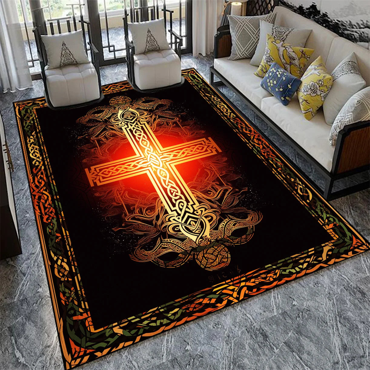 Magnifique tapis aux motifs celtes et chrétiens, créant une atmosphère mystique et enveloppante dans ce salon confortable.
