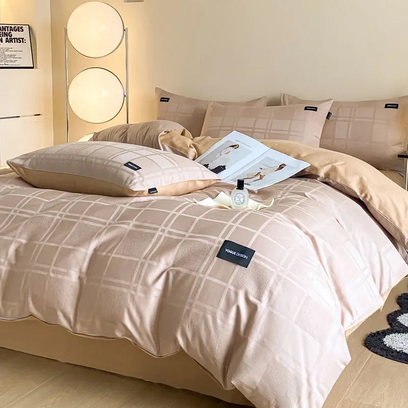 Housse de couette réversible carreaux et uni