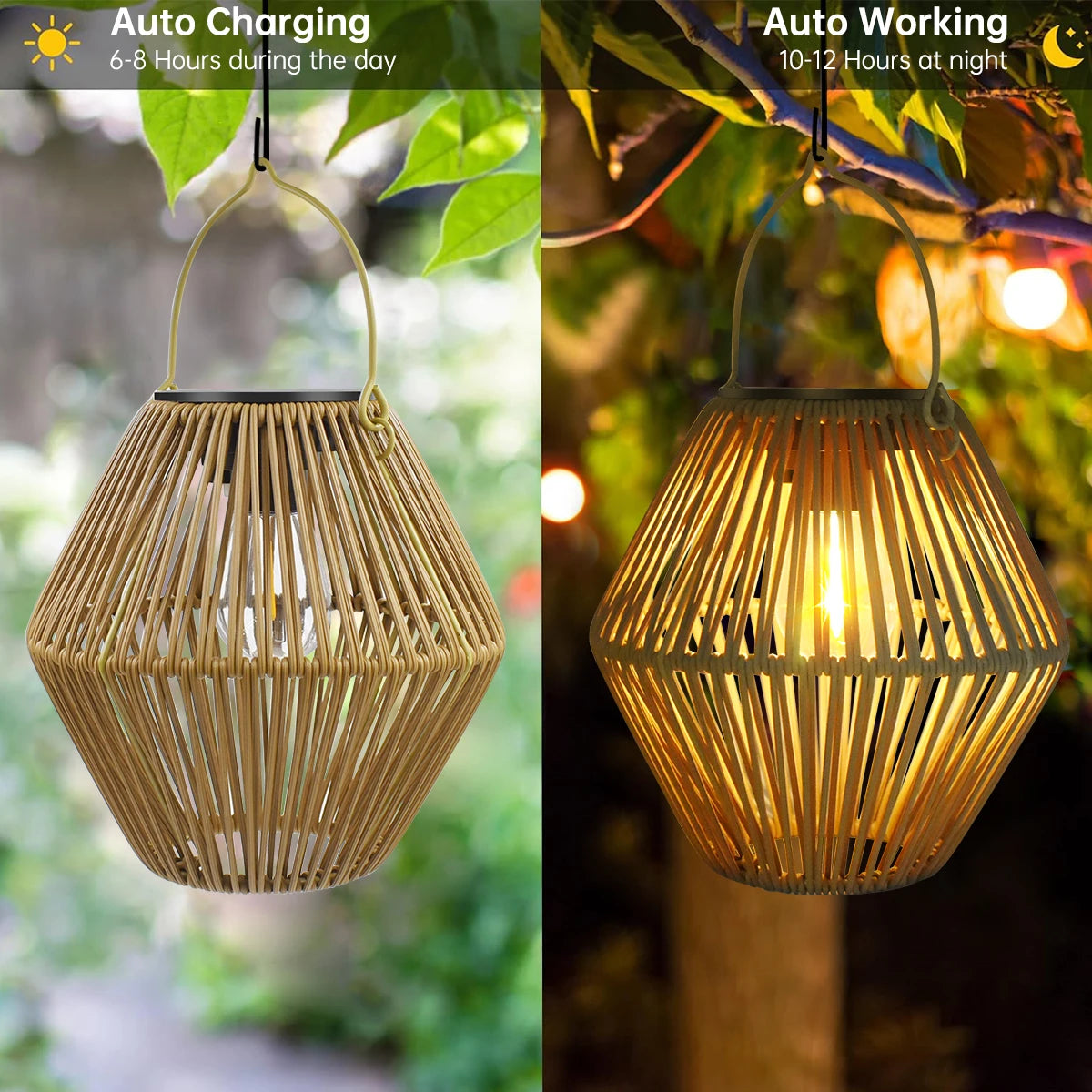 Lanterne solaire boho allumée la nuit