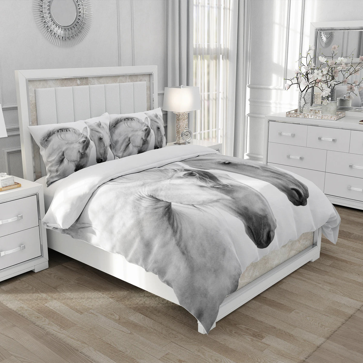 Détail de l'impression 3D cheval sur housse de couette microfibre