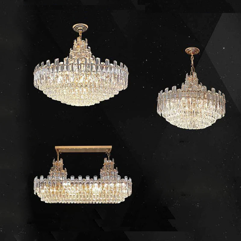 Suspension luminaire moderne en cristal doré vue d'ensemble