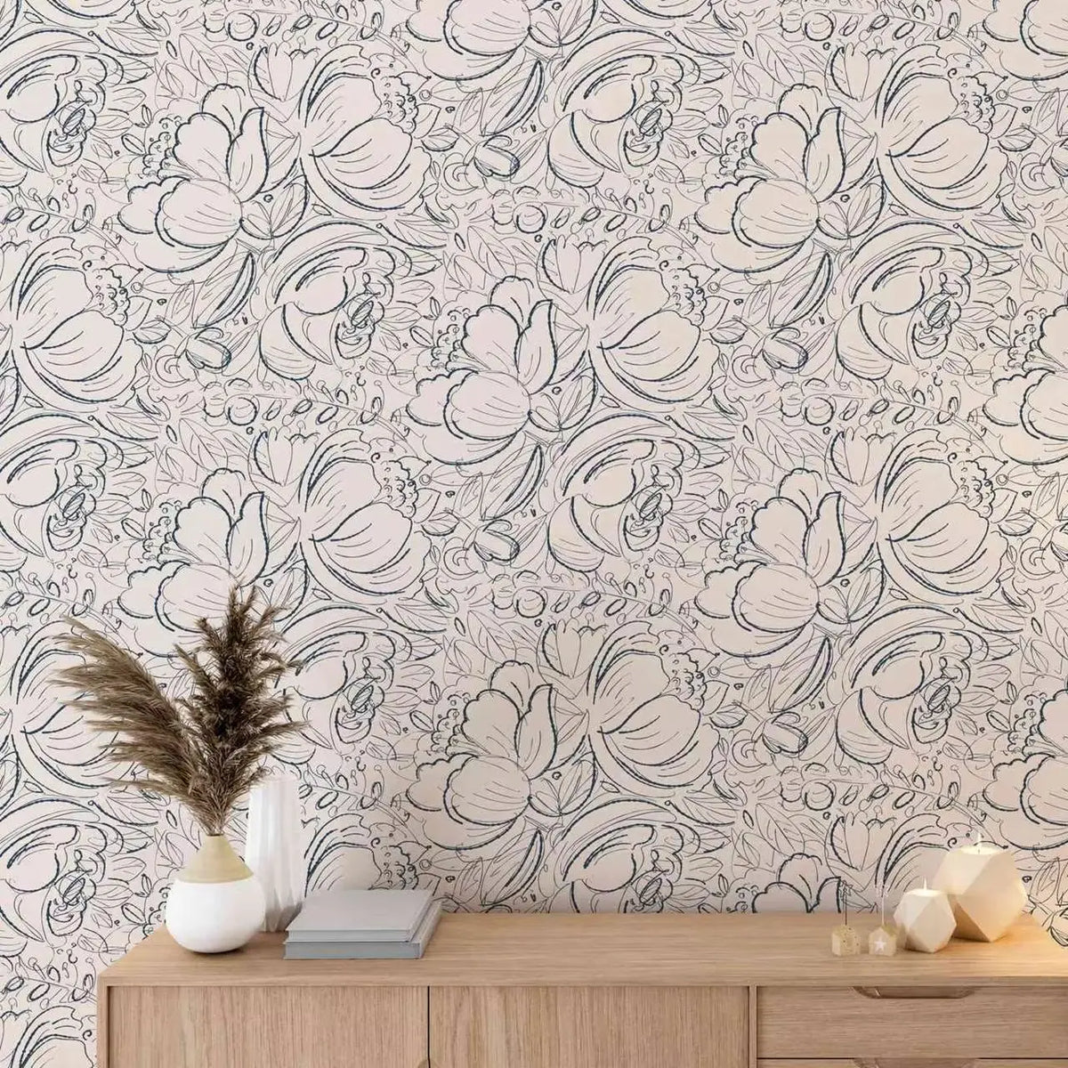 Papier peint vintage beige pivoines