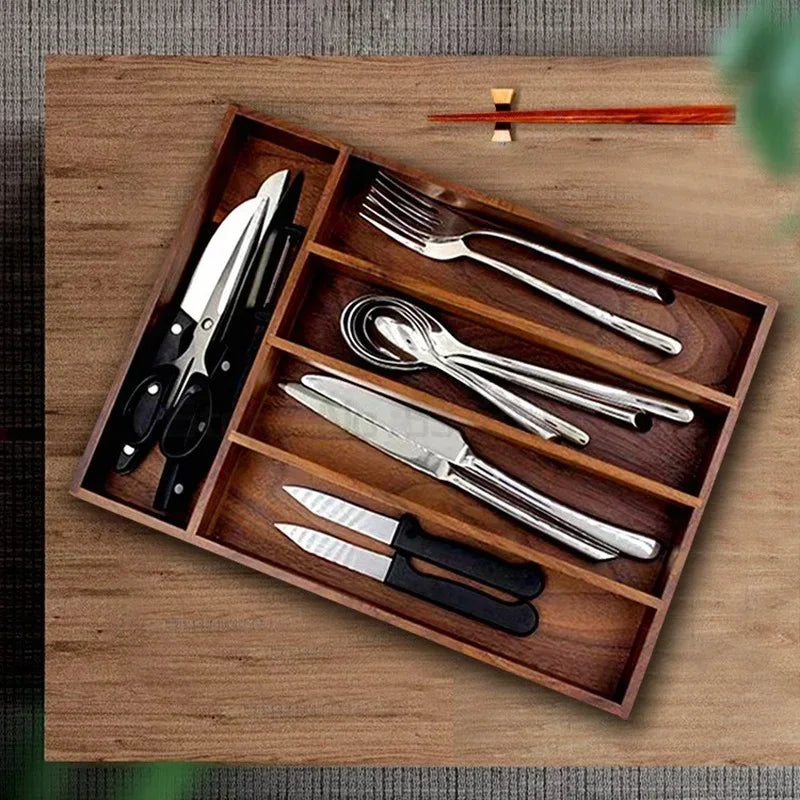 Boîte de rangement pour couverts en bois noir design coréen vue de dessus