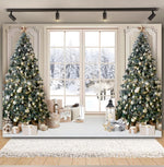 Toile de fond Noël avec fenêtre enneigée et cheminée