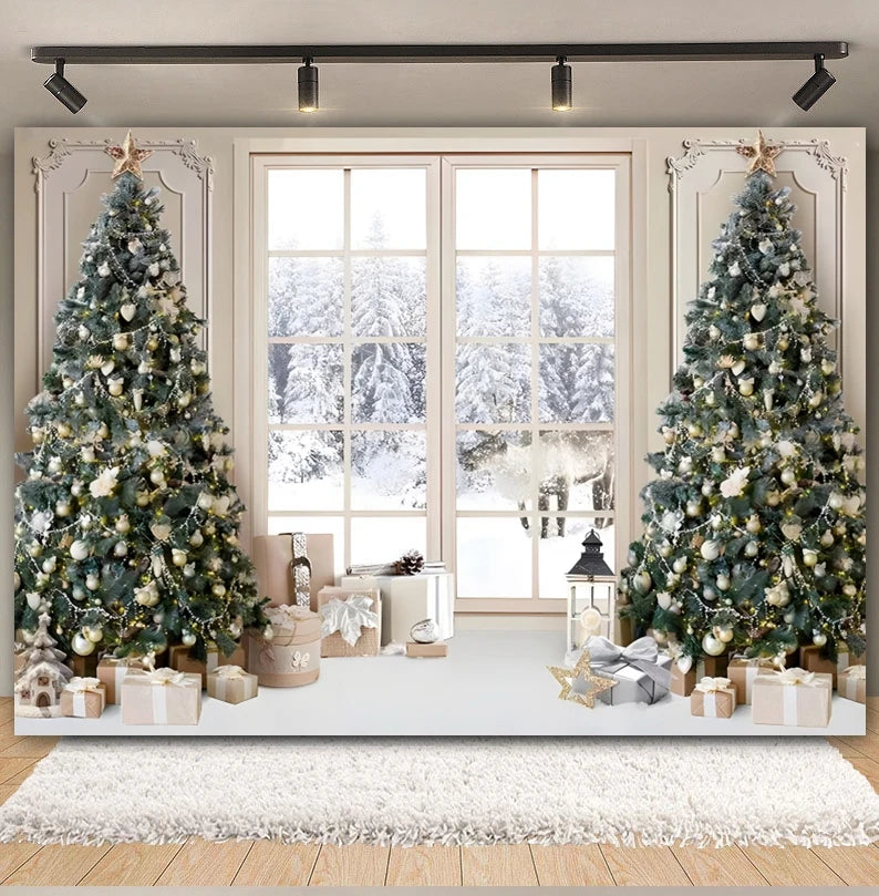 Toile de fond Noël avec fenêtre enneigée et cheminée