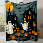 Décor d'Halloween avec des fantômes, des citrouilles et une pleine lune dans un paysage nocturne.