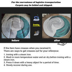 Cette image montre les étapes à suivre pour enlever les plis d'un tapis plié et envoyé. Elle illustre les techniques d'repassage avec un fer à vapeur, de lavage à l'eau tiède et de séchage à l'air libre, ainsi que l'utilisation d'un objet lourd pour aplatir le tapis.