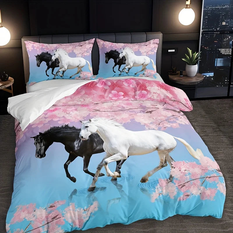 Motif cheval et fleurs sur housse de couette blanche
