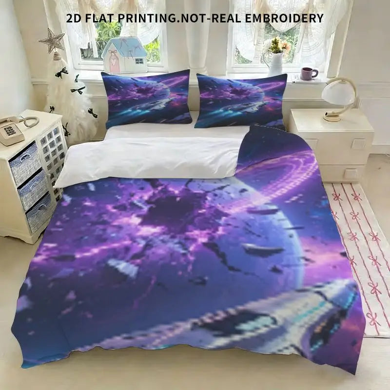 Housse de couette motif spatial futuriste sur lit