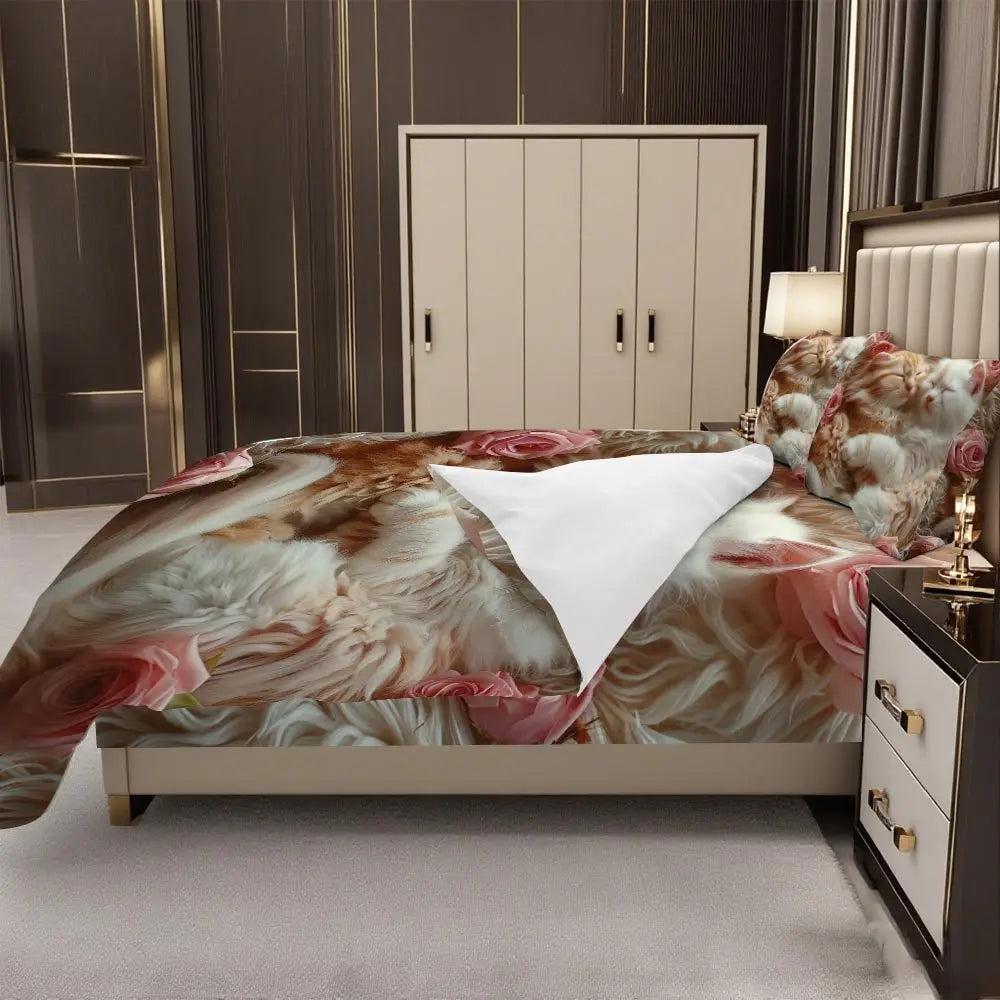Chambre décorée avec housse de couette chaton fleurs