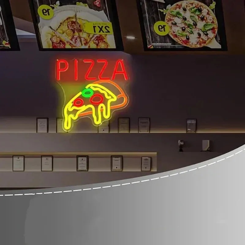 Enseigne au néon pizza LED allumée dans une cuisine moderne
