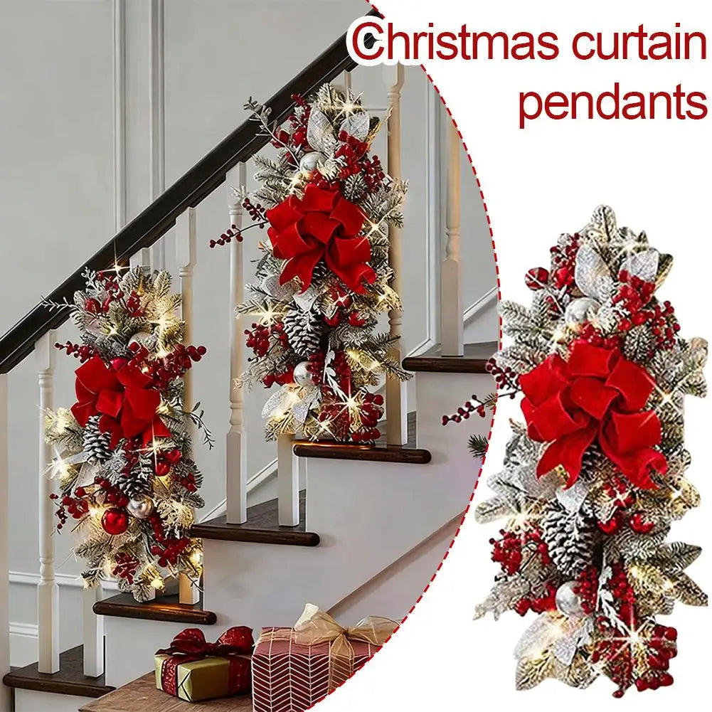 Guirlande de Noël pour escalier avec lumières et nœuds rouges
