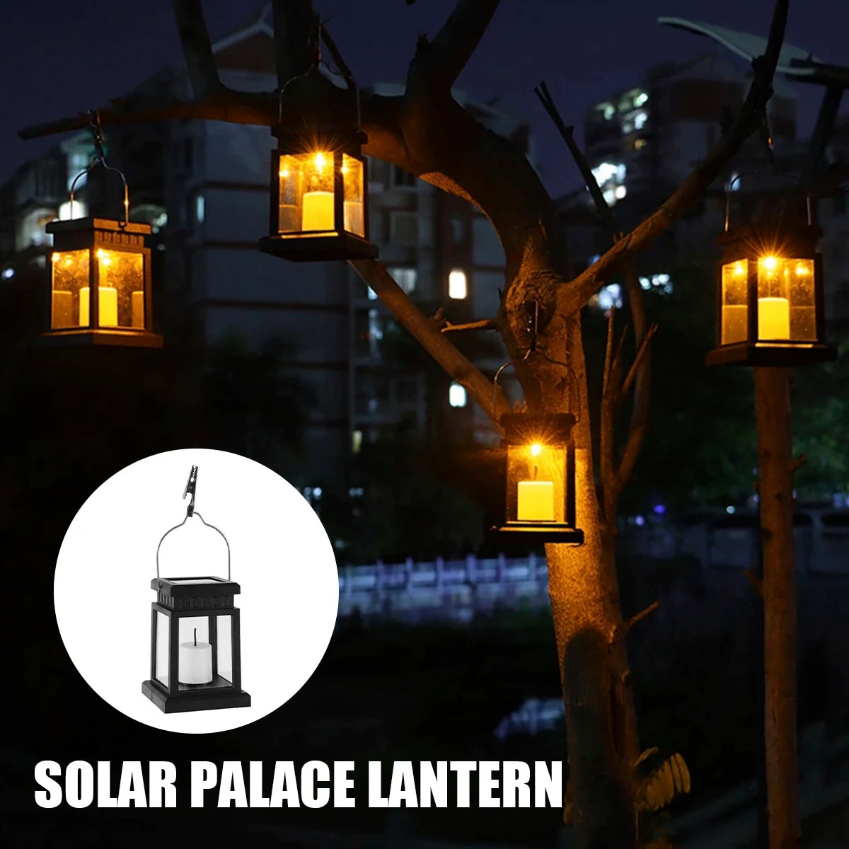 Panorama de jardin décoré avec plusieurs lanternes solaires