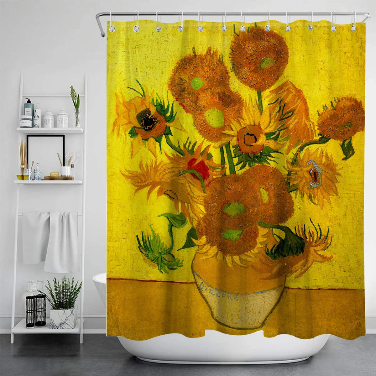 Autre version du tableau “Sunflowers” de Van Gogh, présentant des tournesols dans un vase clair sur un fond intensément jaune. 