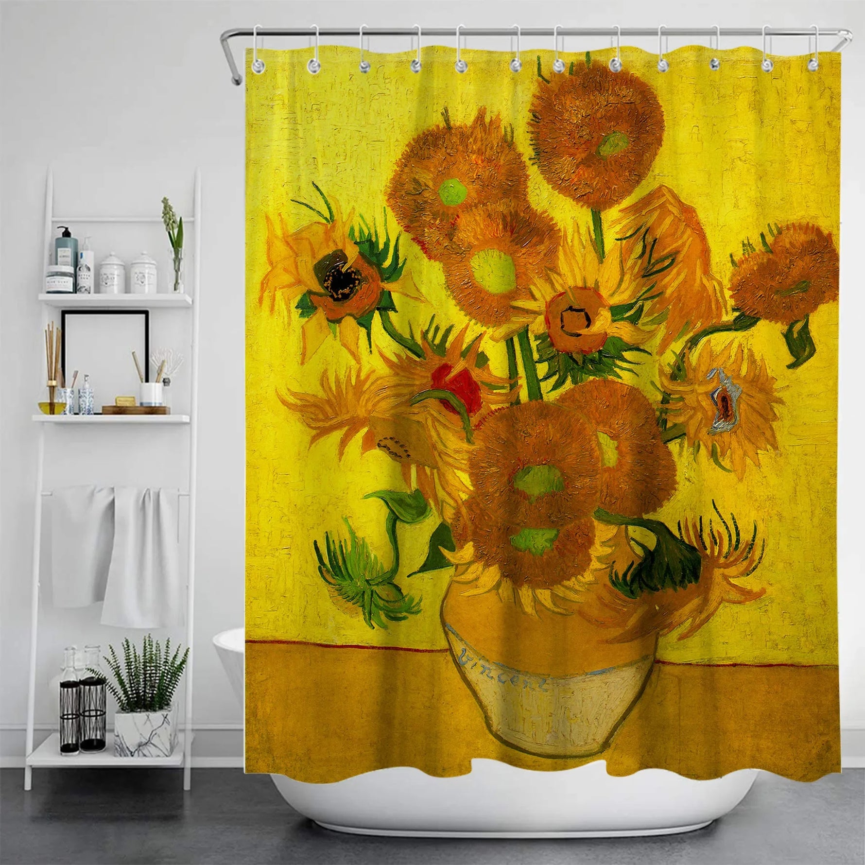 Autre version du tableau “Sunflowers” de Van Gogh, présentant des tournesols dans un vase clair sur un fond intensément jaune. 
