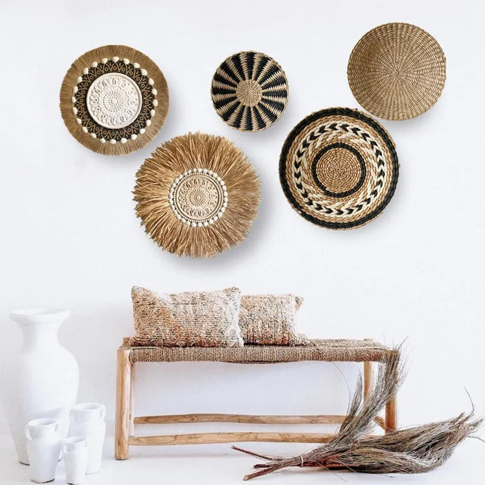 Décoration murale en rotin tressé à la main, ornement rond en fibre végétale pour intérieur