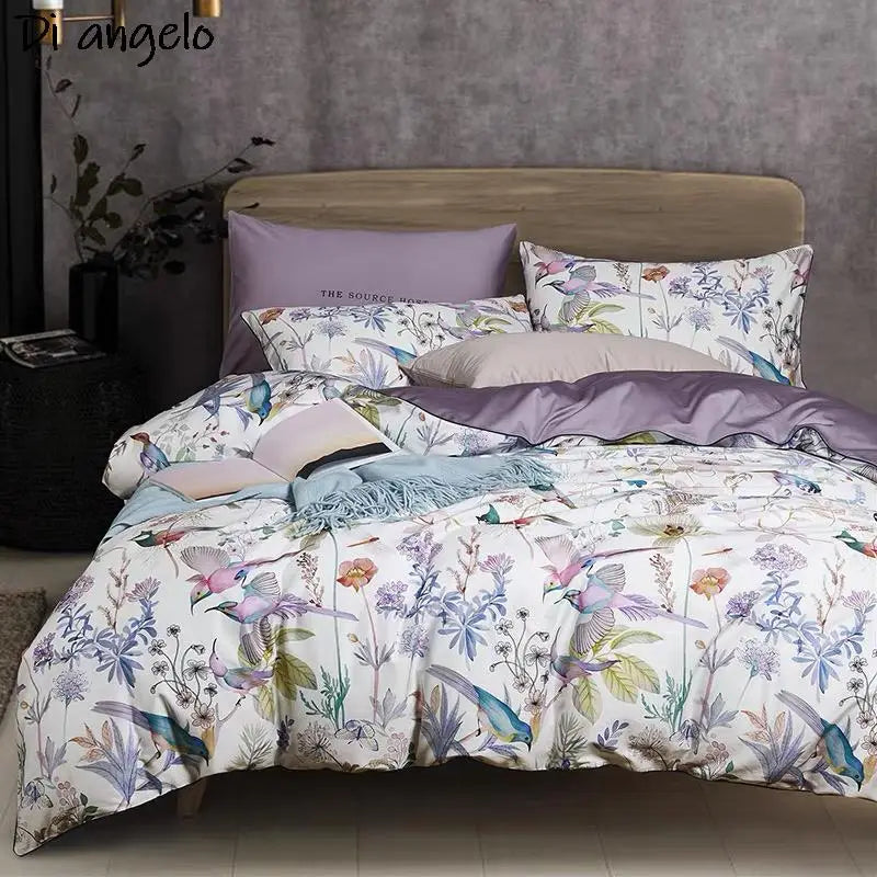 Parure de lit coton égyptien imprimé oiseaux fleurs sur lit queen