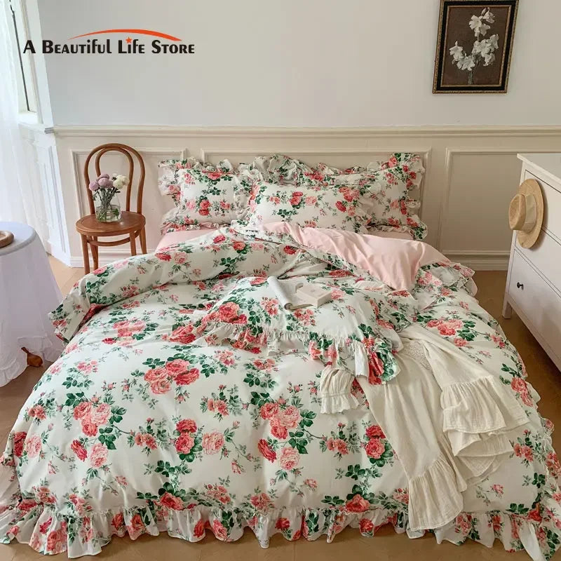 Parure de lit vintage fleurie en coton blanc avec dentelle sur lit