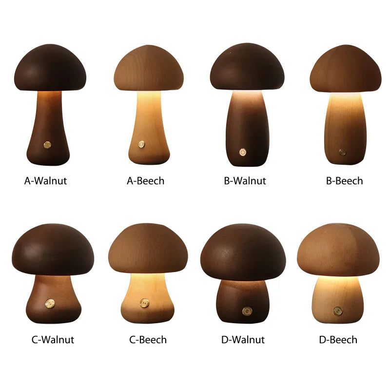 Lampe champignon LED en bois avec interrupteur tactile sur table de chevet