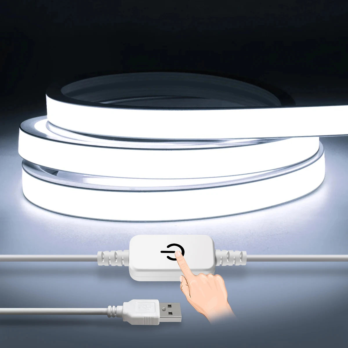 Bande lumineuse LED néon USB tactile COB installée sous une armoire de cuisine