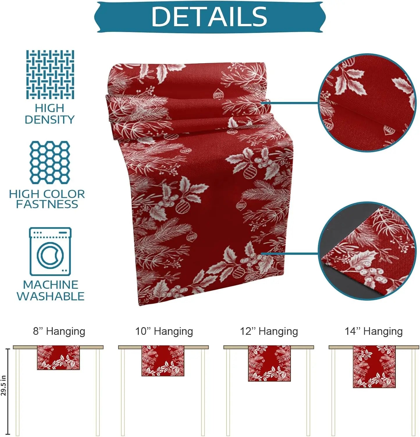 Détails de la tenture murale rouge foncé avec motifs floraux blancs, offerte en différentes tailles de 8 à 14 pouces de hauteur, lavable en machine.
