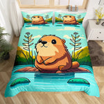 Set complet housse de couette et taies d'oreiller capybara dépliées