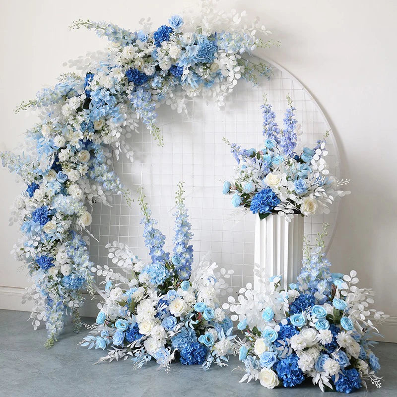 Détail fleur delphinium en soie bleu blanc