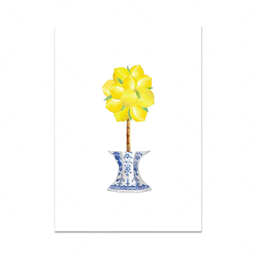Un bouquet de fleurs jaunes éclatantes dans un vase à motifs bleus et blancs.
