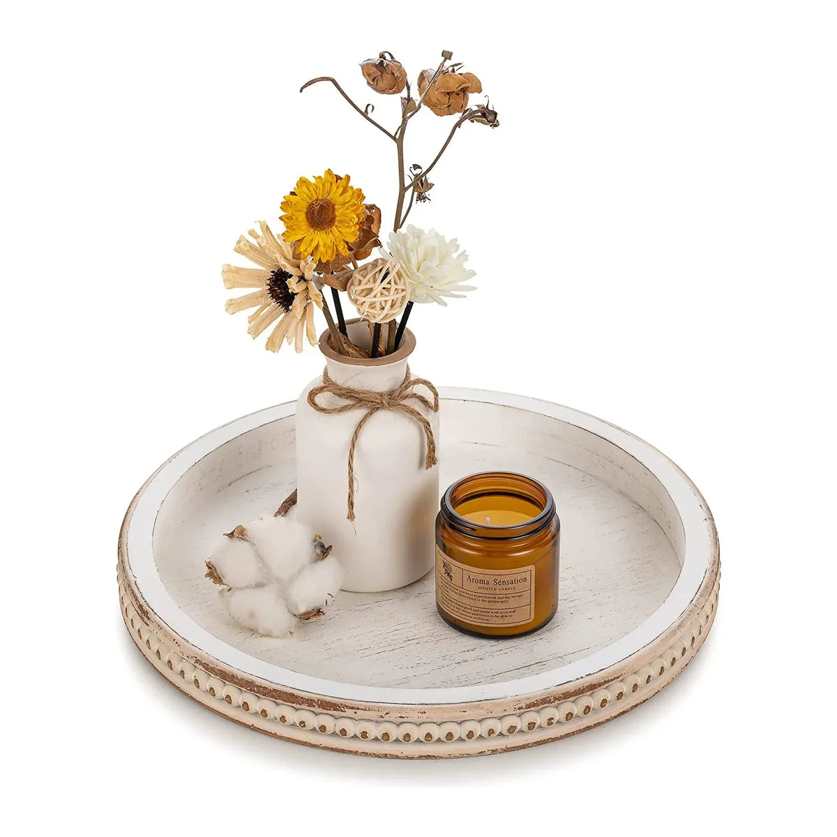 Vue de dessus du plateau décoratif blanc lavé