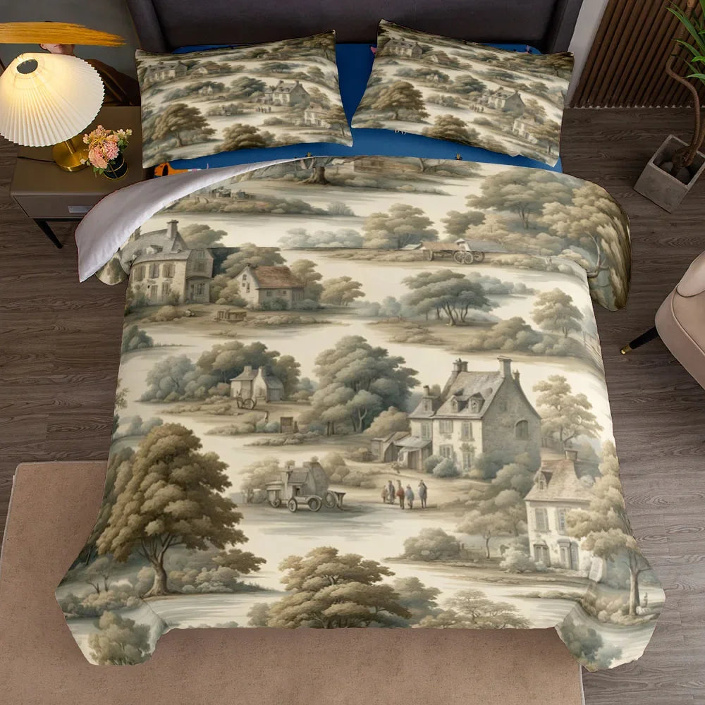 Housse de couette toile de Jouy française sur un lit double