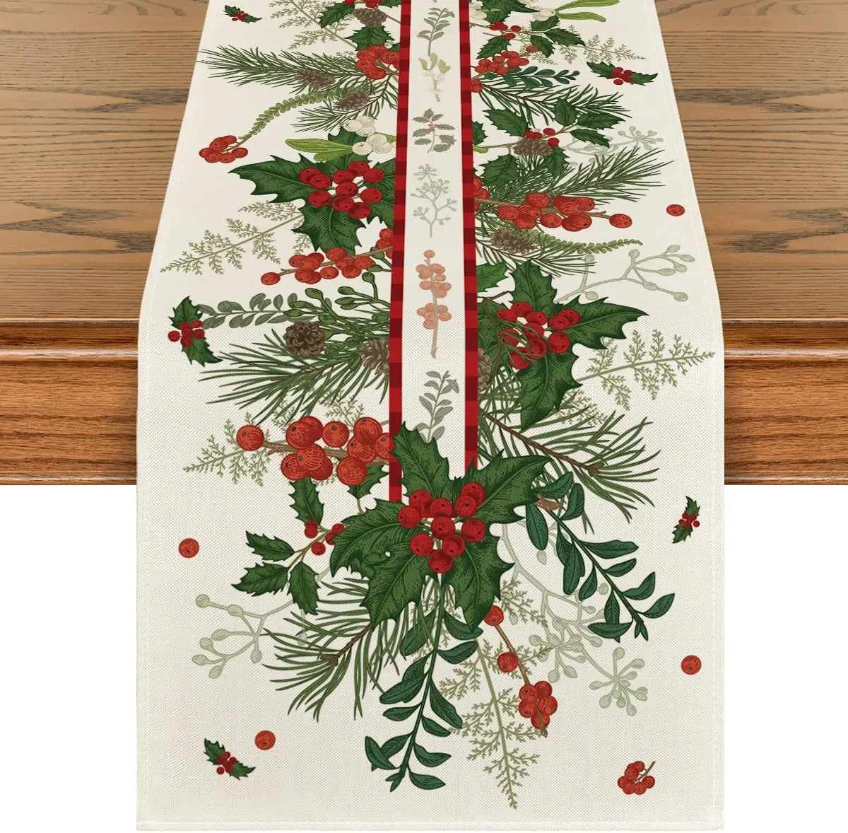 Un motif festif de verdure et de baies rouges, incluant des branches de sapin, du houx et des fleurs, sur un fond blanc.