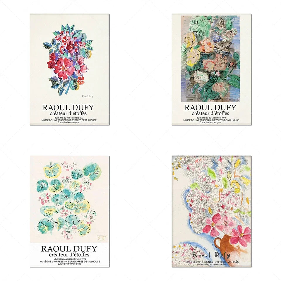 Affiches colorées représentant des compositions florales peintes par Raoul Dufy, artiste français créateur d'étoffes.