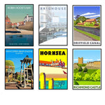 Cette image présente une collection de six affiches vintage représentant différentes attractions touristiques du Royaume-Uni, notamment Robin Hood's Bay, Brighouse, le canal de Driffield, le moteur à poutre de Newcomen à Elsecar, Hornsea et le château de Richmond.