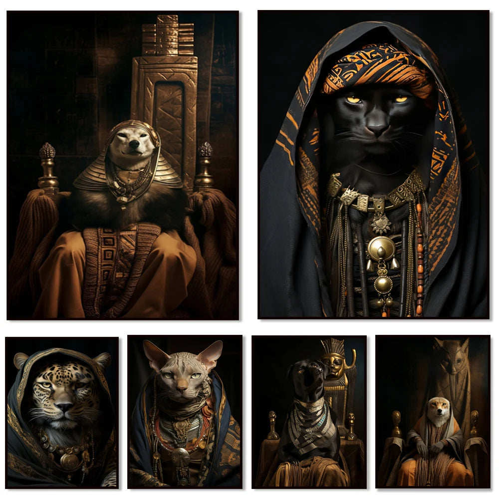 Une collection d'images fantaisistes montrant des animaux dans des costumes et des décors égyptiens, évoquant une atmosphère mystique et sombre.