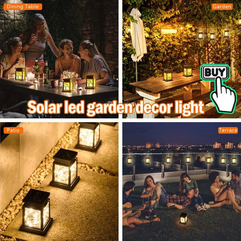 Lanterne solaire éclairant une terrasse le soir