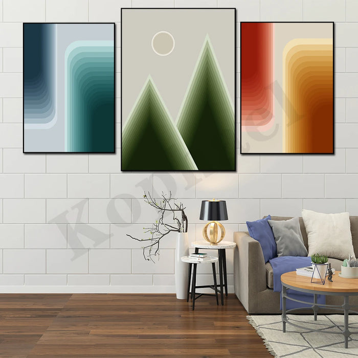 Affiche d'art déco abstraite avec motifs de montagnes et soleil en bleu orange vert