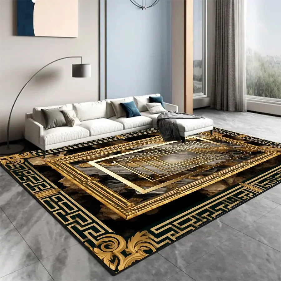 Un tapis design aux motifs géométriques dorés et noirs, créant une atmosphère luxueuse et moderne dans ce salon spacieux.