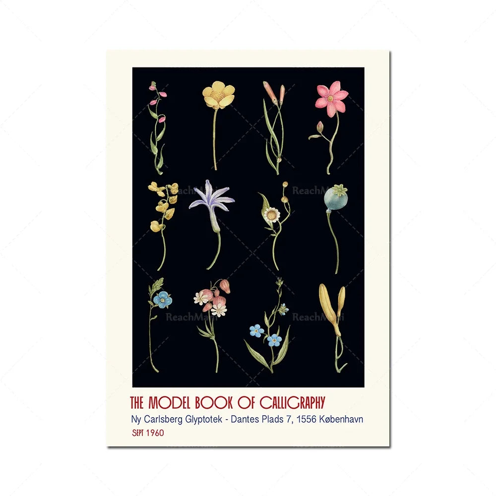 L'image montre une collection de fleurs stylisées dans un design calligraphique, représentant le modèle de livre de calligraphie publié en 1960 par Ny Carlsberg Glyptotek à Copenhague.