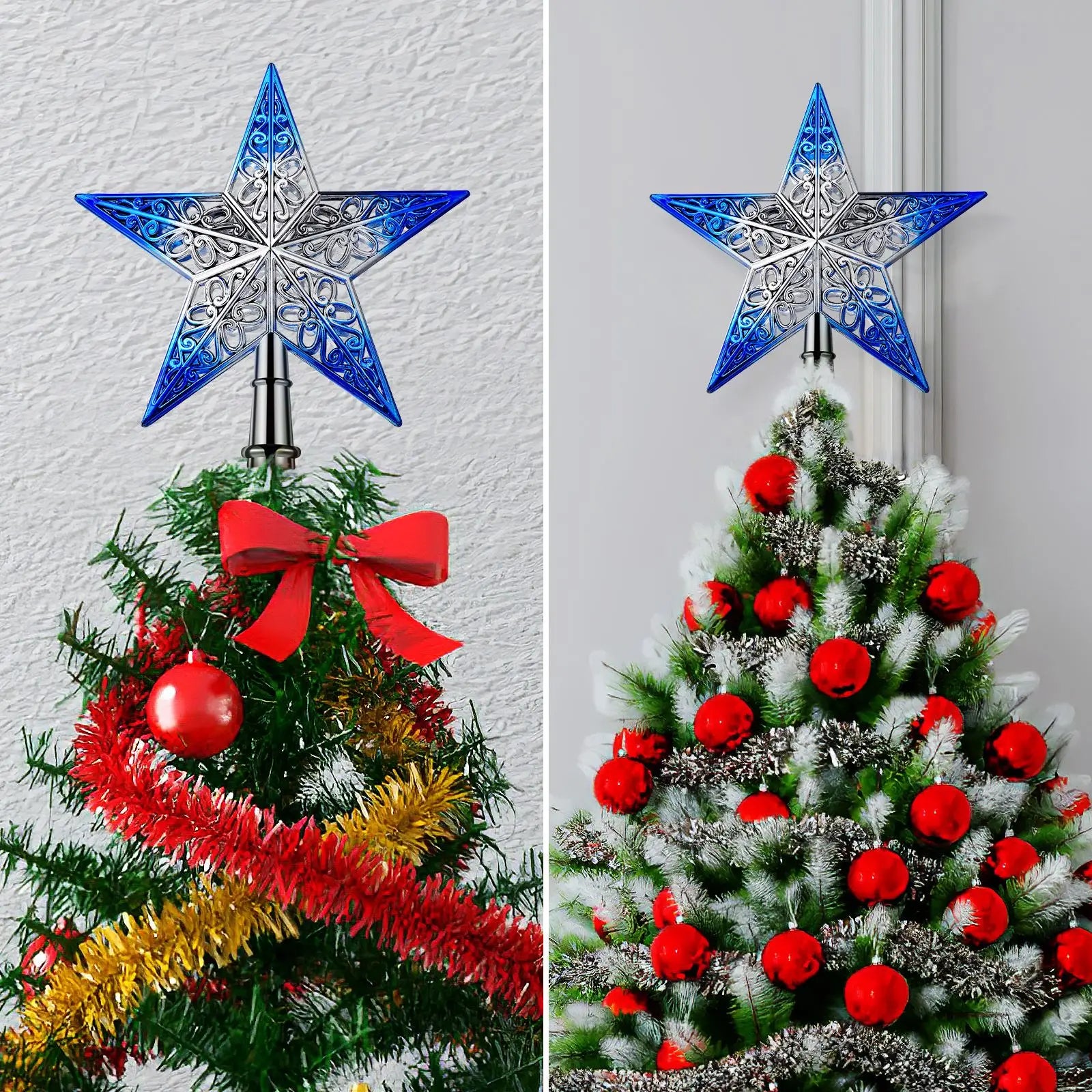 Décoration de Noël bleue : étoile au sommet du sapin