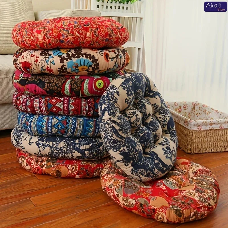 Coussin rond de sol en coton et lin doux, couleur bourgogne, motif patchwork géométrique