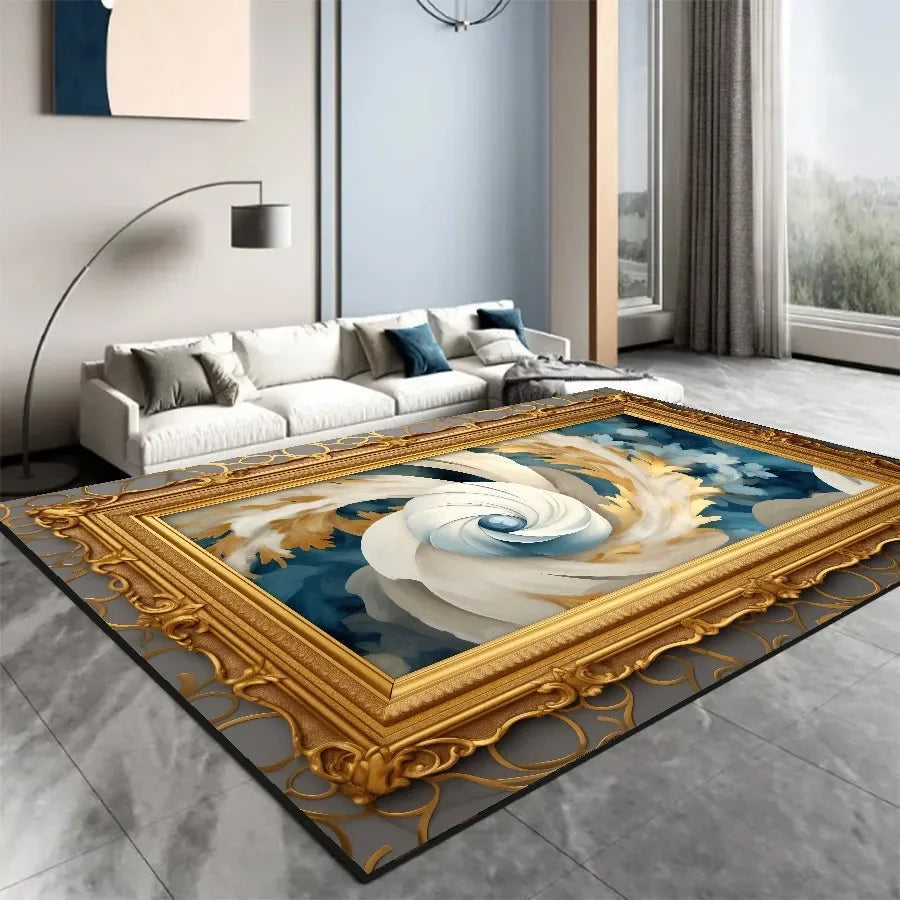 Un magnifique tableau encadré de motifs dorés représentant une rose blanche épanouie sur un fond bleu profond, créant une atmosphère élégante et sophistiquée dans cette pièce de style contemporain.