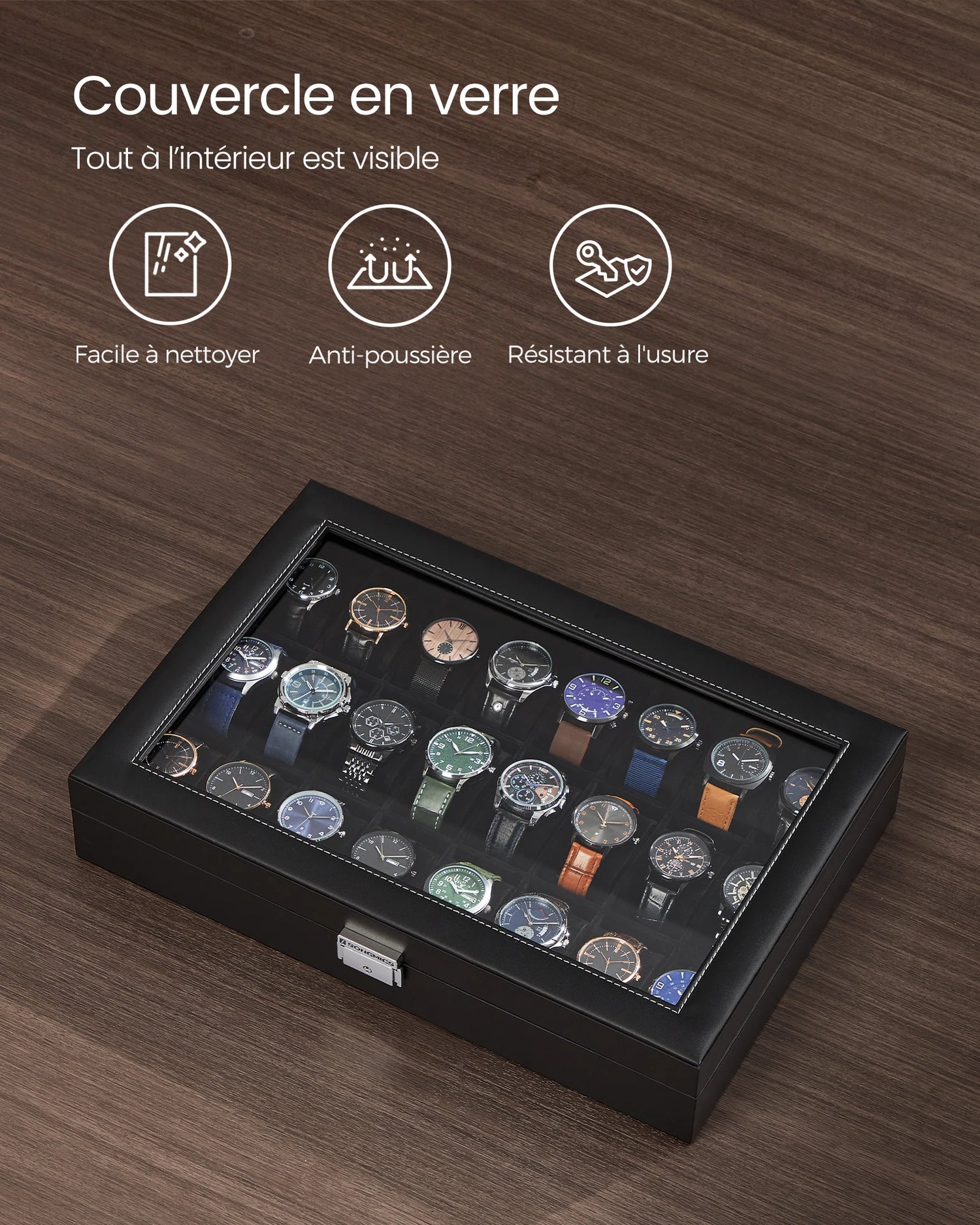 Boîte de rangement pour montres 24 emplacements couleur gris vue de dessus