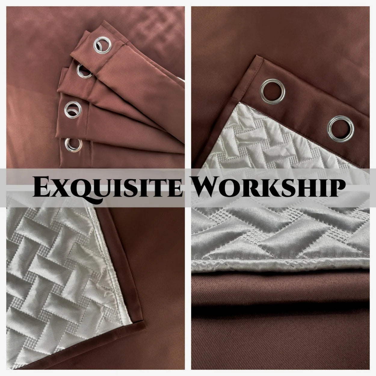 Rideau marron élégant avec œillets métalliques, idéal pour une décoration intérieure moderne et sophistiquée. Design matelassé blanc pour un ajout de texture et de style. Parfait pour personnaliser votre espace avec une touche de raffinement.