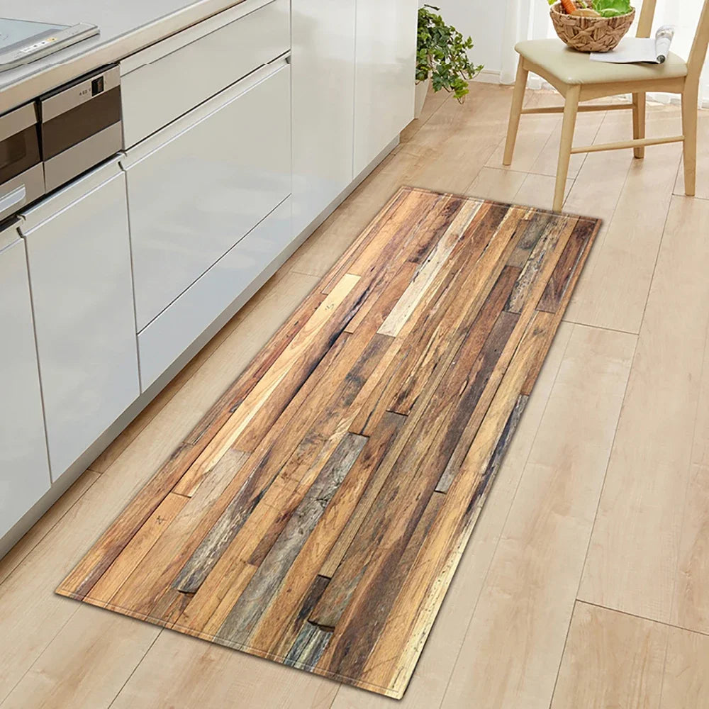 Tapis de cuisine antidérapant en velours cristal avec motif bois