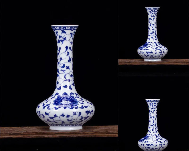 Vase chinois en porcelaine de style traditionnel avec motifs floraux bleus et blancs.